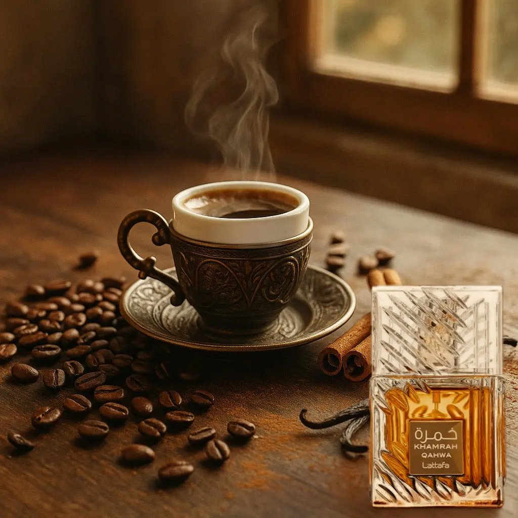 Scène lifestyle avec une tasse de café turc fumante, cannelle, cardamome et grains de café sur une table en bois sombre, illustrant les notes épicées et gourmandes du parfum Khamrah Qahwa de Lattafa.