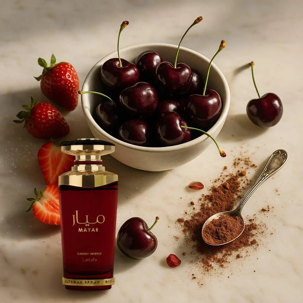 Parfum Mayar en flacon rouge et doré, présenté avec des cerises, fraises et poudre épicée sur fond de marbre