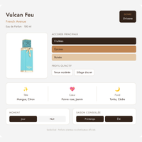 Fiche olfactive Vulcan Feu – French Avenue : accords Fruitées, Épicées, Boisée, notes de tête mangue et citron, cœur poivre rose et jasmin, fond tonka et cèdre, parfum unisexe