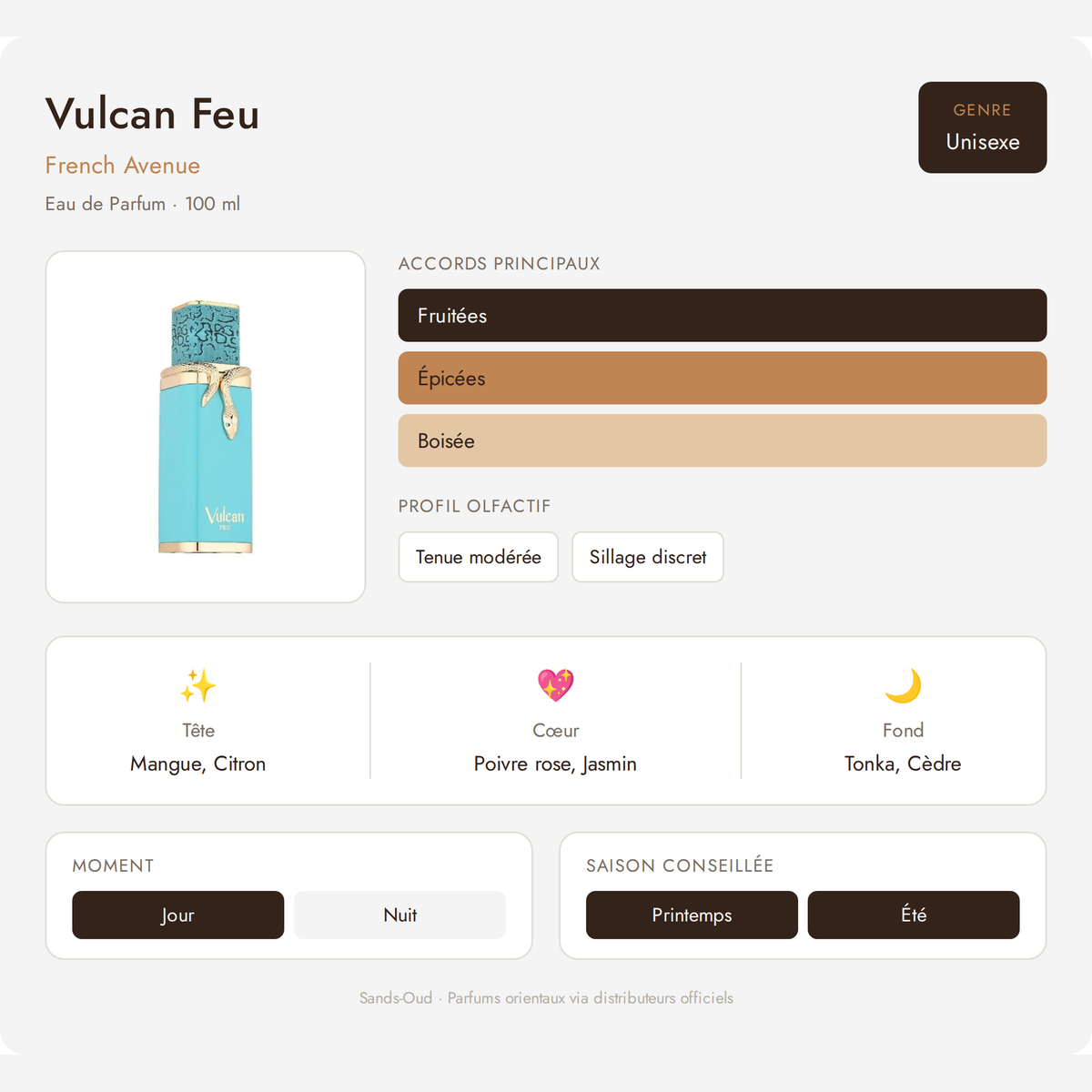 Fiche olfactive Vulcan Feu – French Avenue : accords Fruitées, Épicées, Boisée, notes de tête mangue et citron, cœur poivre rose et jasmin, fond tonka et cèdre, parfum unisexe