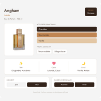 Fiche olfactive Angham – Lattafa : accords Orientales, Gourmandes, Vanille, notes de tête gingembre et mandarine, cœur lavande et cacao, fond vanille et ambre, parfum unisexe
