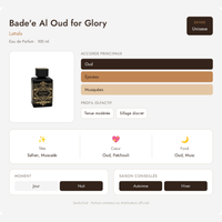 Fiche olfactive Bade'e Al Oud for Glory – Lattafa : accords Oud, Épicées, Musquées, notes de tête safran et muscade, cœur oud et patchouli, fond oud et musc, parfum unisexe