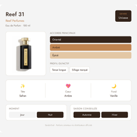 Fiche olfactive Reef 31 – Reef Perfumes : accords Oriental, Ambré, Épicé, notes de tête safran, cœur ambre, fond vanille, parfum unisexe