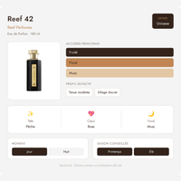 Fiche olfactive Reef 42 – Reef Perfumes : accords Fruité, Floral, Musc, notes de tête pêche, cœur rose, fond musc, parfum unisexe